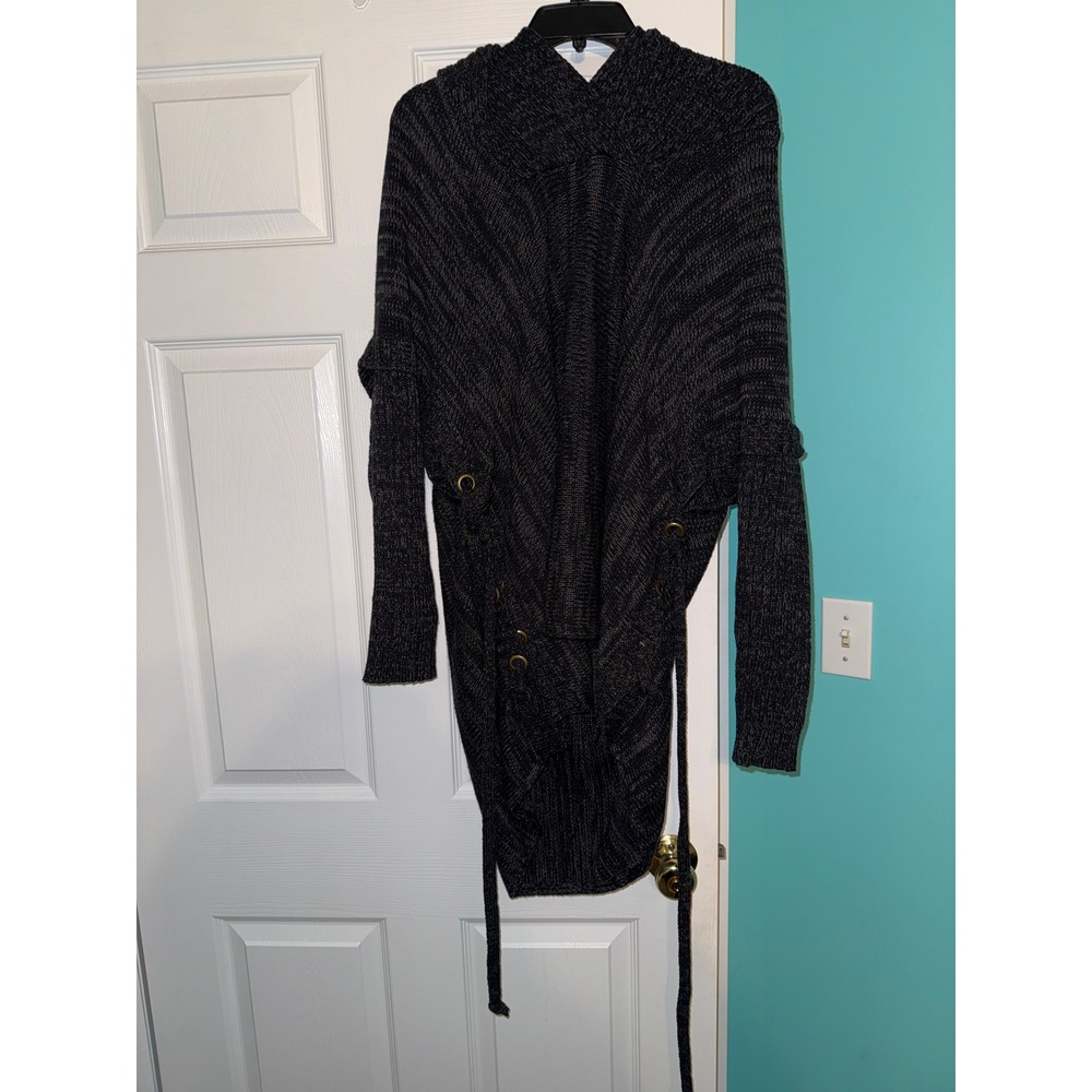 Marled Charcoal Grey Oversized Lace Up Side Cowl Neck Chunky Knit Sweater